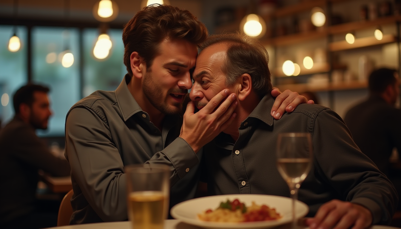 A dramatic cinematic shot inside a modern restaurant in Bursa. A young, fit male tradesman (Turkish features) is performing the Heimlich maneuver on an elderly man who is choking. The lighting is warm but tense, highlighting the urgent grasp and the victim's panicked expression. Blurred background with other customers looking on in shock. 8k resolution, photorealistic, professional news photography style, no text.