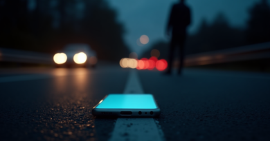 A dramatic nighttime scene on a highway with blurred car lights. A close-up focus on a glowing smartphone lying on the dark asphalt road. In the background, the silhouette of a speeding car and a person reaching down. Cinematic lighting, photorealistic style, high resolution, no text.