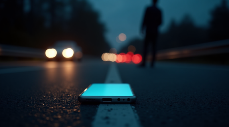 A dramatic nighttime scene on a highway with blurred car lights. A close-up focus on a glowing smartphone lying on the dark asphalt road. In the background, the silhouette of a speeding car and a person reaching down. Cinematic lighting, photorealistic style, high resolution, no text.
