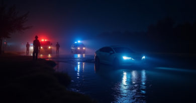 Cinematic wide shot of a dark irrigation canal at night in Adana, Turkey. A white car is partially submerged in the water, illuminated by the intense blue and red flashing lights of emergency vehicles. Police officers and firefighters in uniforms are seen on the canal bank with flashlights. Dramatic atmosphere, high contrast, rainy ground reflections, photorealistic, 8k, no text or logos.