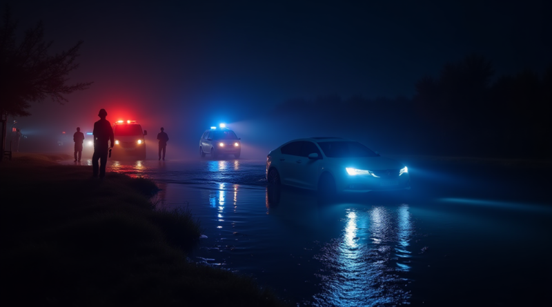 Cinematic wide shot of a dark irrigation canal at night in Adana, Turkey. A white car is partially submerged in the water, illuminated by the intense blue and red flashing lights of emergency vehicles. Police officers and firefighters in uniforms are seen on the canal bank with flashlights. Dramatic atmosphere, high contrast, rainy ground reflections, photorealistic, 8k, no text or logos.