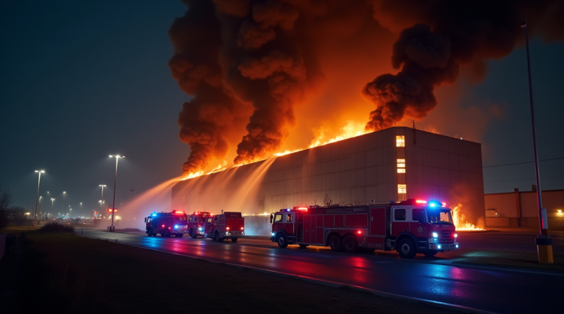 A dramatic night scene of a modern medical factory in Sincan Industrial Zone (OSB) engulfed in flames from the rear side. Thick columns of dark smoke rising into the night sky, illuminated by orange fire glows. Multiple fire trucks with flashing blue and red emergency lights lined up, high-pressure water streams hitting the building. High contrast, cinematic lighting, 8k resolution, no text or logos.