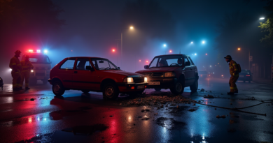 A dramatic night-time scene of a head-on car collision at a busy urban intersection in Istanbul, emergency service lights (blue and red) reflecting on the wet asphalt, firefighters using cutting tools near shattered glass and debris, cinematic lighting, high resolution, photorealistic, no text, no logos.