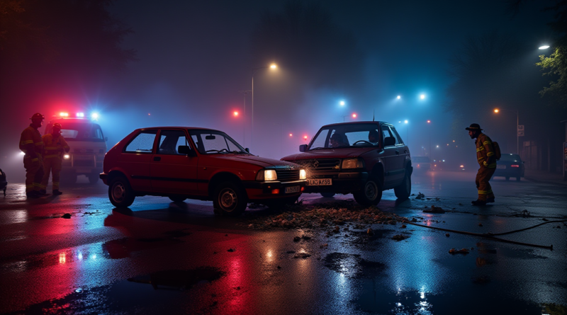 A dramatic night-time scene of a head-on car collision at a busy urban intersection in Istanbul, emergency service lights (blue and red) reflecting on the wet asphalt, firefighters using cutting tools near shattered glass and debris, cinematic lighting, high resolution, photorealistic, no text, no logos.