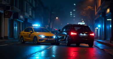 A highly realistic, dramatic nighttime photograph of a traffic accident in a narrow street in Istanbul. A yellow taxi with front damage is seen. A dark sedan is physically on top of another white parked car at a sharp angle. Blue and red police lights reflect on the asphalt and the surrounding buildings. Cinematic lighting, high contrast, 8k resolution, no text or logos.