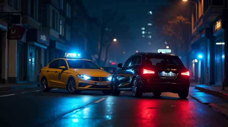 A highly realistic, dramatic nighttime photograph of a traffic accident in a narrow street in Istanbul. A yellow taxi with front damage is seen. A dark sedan is physically on top of another white parked car at a sharp angle. Blue and red police lights reflect on the asphalt and the surrounding buildings. Cinematic lighting, high contrast, 8k resolution, no text or logos.