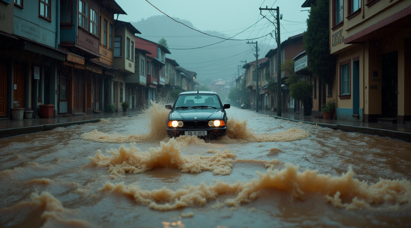 A dramatic and cinematic wide shot of a powerful, muddy brown flood rushing through a Turkish town street (Kadirli). A small car is partially submerged and being swept away by the intense current. Heavy rain, dark stormy sky, high contrast, photojournalistic style, high resolution, no text or logos.