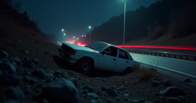 Cinematic wide shot of a damaged white sedan car in a deep ditch next to a Turkish highway at midnight. Dramatic lighting from distant emergency sirens reflecting on the car's wreckage, rocky terrain, high resolution, realistic photography, no text.