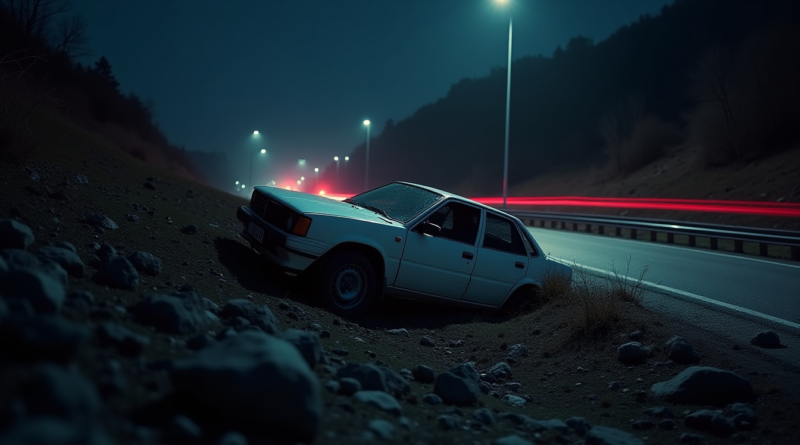 Cinematic wide shot of a damaged white sedan car in a deep ditch next to a Turkish highway at midnight. Dramatic lighting from distant emergency sirens reflecting on the car's wreckage, rocky terrain, high resolution, realistic photography, no text.