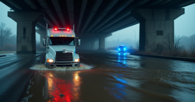 A dramatic, realistic news photography style shot of a white light commercial vehicle partially submerged in a dark, muddy, fast-flowing river under a massive grey concrete bridge. The weather is rainy and overcast. In the background, out-of-focus blue and red emergency lights reflect on the wet road and water. High contrast, cinematic lighting, no text or logos.