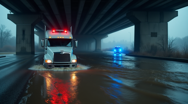 A dramatic, realistic news photography style shot of a white light commercial vehicle partially submerged in a dark, muddy, fast-flowing river under a massive grey concrete bridge. The weather is rainy and overcast. In the background, out-of-focus blue and red emergency lights reflect on the wet road and water. High contrast, cinematic lighting, no text or logos.
