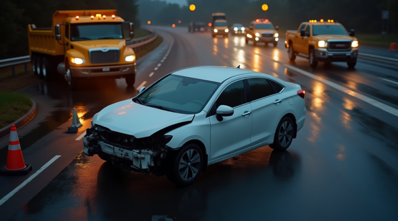 A dramatic high-angle shot of a white sedan car with severe front-end damage after crashing into a yellow construction vehicle on the side of a highway curve. Safety cones, roadwork signs, and flashing amber lights in the background. Twilight setting with professional lighting, cinematic realism, 8k resolution, no text or logos.