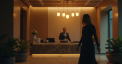 A dramatic, cinematic wide shot of a luxury hotel lobby at dawn with cold lighting. A distressed woman is seen in a heated argument with a hotel receptionist behind a counter. Blur effects to suggest motion and tension, professional news photography style, 8k resolution, no text or logos.