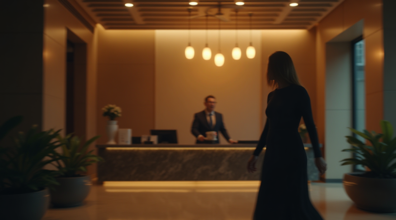 A dramatic, cinematic wide shot of a luxury hotel lobby at dawn with cold lighting. A distressed woman is seen in a heated argument with a hotel receptionist behind a counter. Blur effects to suggest motion and tension, professional news photography style, 8k resolution, no text or logos.