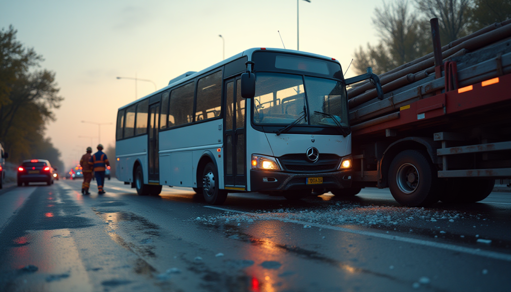 A dramatic photojournalistic scene of a road accident at a highway intersection in Karaman, Turkey. A white factory worker shuttle midibus is collided with a heavy truck carrying long steel construction bars. Shattered glass on the asphalt. Emergency response scene with red and blue ambulance lights flashing, AFAD and fire brigade personnel working around the wreck. Low angle, realistic morning lighting, high resolution, 8k, cinematic atmosphere.