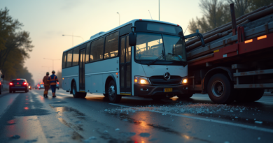 A dramatic photojournalistic scene of a road accident at a highway intersection in Karaman, Turkey. A white factory worker shuttle midibus is collided with a heavy truck carrying long steel construction bars. Shattered glass on the asphalt. Emergency response scene with red and blue ambulance lights flashing, AFAD and fire brigade personnel working around the wreck. Low angle, realistic morning lighting, high resolution, 8k, cinematic atmosphere.