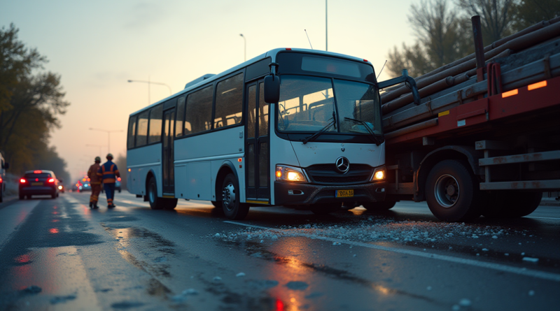 A dramatic photojournalistic scene of a road accident at a highway intersection in Karaman, Turkey. A white factory worker shuttle midibus is collided with a heavy truck carrying long steel construction bars. Shattered glass on the asphalt. Emergency response scene with red and blue ambulance lights flashing, AFAD and fire brigade personnel working around the wreck. Low angle, realistic morning lighting, high resolution, 8k, cinematic atmosphere.