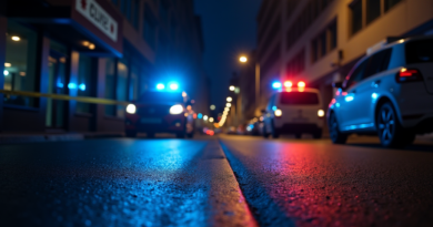 A dramatic, low-angle night shot of a narrow street in Istanbul with blurred blue and red police siren lights reflecting on the wet pavement. In the background, yellow crime scene tape (Olay Yeri Girilmez) is visible in front of a modern office building. Professional photography, high contrast, cinematic atmosphere, no text or logos.