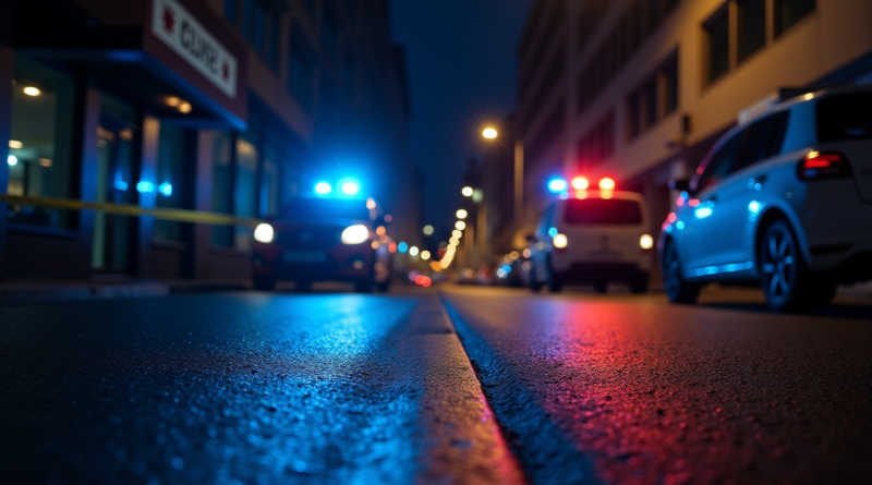 A dramatic, low-angle night shot of a narrow street in Istanbul with blurred blue and red police siren lights reflecting on the wet pavement. In the background, yellow crime scene tape (Olay Yeri Girilmez) is visible in front of a modern office building. Professional photography, high contrast, cinematic atmosphere, no text or logos.