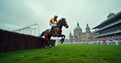 Professional sports photography, high-speed cinematic wide-angle shot of a majestic racehorse jumping over a white hurdle at a prestigious British racecourse, dramatic lighting, detailed muscle movement, green turf, blurred spectators and historic grandstands, moody overcast English sky, 8k resolution, photorealistic.
