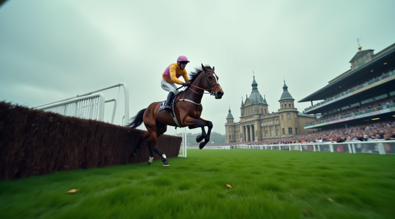Professional sports photography, high-speed cinematic wide-angle shot of a majestic racehorse jumping over a white hurdle at a prestigious British racecourse, dramatic lighting, detailed muscle movement, green turf, blurred spectators and historic grandstands, moody overcast English sky, 8k resolution, photorealistic.