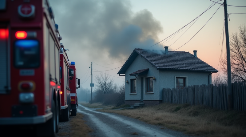 A dramatic low-angle shot of a small, traditional single-story village house in Samsun, Turkey. Grey smoke is rising from the roof into a cold morning sky. Fire trucks with flashing blue and red lights are partially visible in the blurred foreground. High resolution, photojournalistic style, morning light, somber atmosphere.