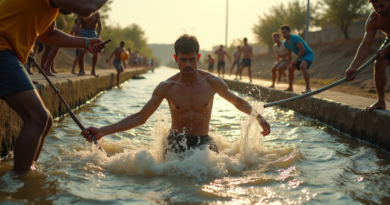 Cinematic and realistic shot of a fast-flowing concrete irrigation canal in Adana. A dramatic moment where a young man in wet clothes is being pulled from the water by people on the edge using a long metal rod. Intense sunlight reflecting on the water surface, high resolution, 8k, photorealistic style, capturing the tension and relief of the moment without any text or logos.