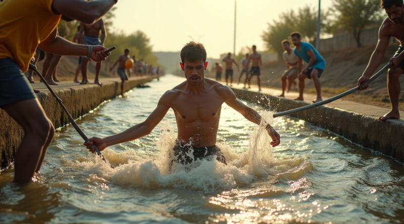 Cinematic and realistic shot of a fast-flowing concrete irrigation canal in Adana. A dramatic moment where a young man in wet clothes is being pulled from the water by people on the edge using a long metal rod. Intense sunlight reflecting on the water surface, high resolution, 8k, photorealistic style, capturing the tension and relief of the moment without any text or logos.