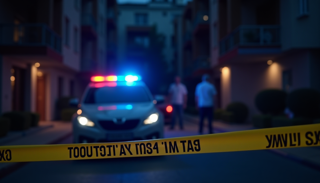 Cinematic high-detail shot of a Turkish police car with flashing blue and red lights parked outside a modern residential apartment complex at night. Crime scene yellow tape in foreground, blurry figures of investigators in the background, dramatic lighting, 8k resolution, realistic style, no text.