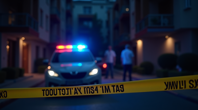 Cinematic high-detail shot of a Turkish police car with flashing blue and red lights parked outside a modern residential apartment complex at night. Crime scene yellow tape in foreground, blurry figures of investigators in the background, dramatic lighting, 8k resolution, realistic style, no text.