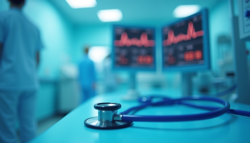 A high-quality cinematic photo of a modern medical laboratory or pediatric ward, soft blue and white lighting, a blurred stethoscope and medical monitor in the background showing heart rates, focus on professional medical equipment, no people, photorealistic, 8k resolution.
