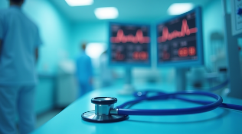 A high-quality cinematic photo of a modern medical laboratory or pediatric ward, soft blue and white lighting, a blurred stethoscope and medical monitor in the background showing heart rates, focus on professional medical equipment, no people, photorealistic, 8k resolution.