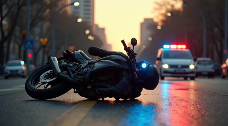 Cinematic low-angle shot of a fallen motorcycle on a wide city boulevard during soft morning sunlight. Blue and red police lights are reflecting on the wet pavement. In the background, a white car with a broken side mirror is visible. The scene is dramatic with high contrast, photorealistic, 8k resolution, no text or logos.