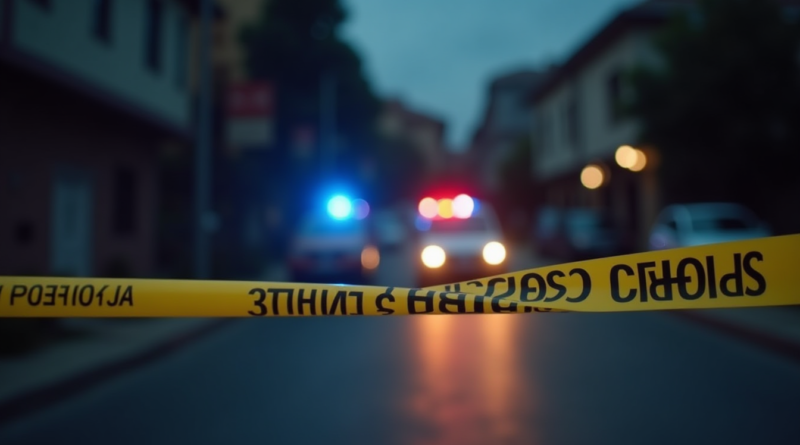 Cinematic low-angle shot of a Turkish police vehicle with blue and red flashing lights blurred in the background, a residential street in Sakarya with yellow police crime scene tape in the foreground, professional news photography, dramatic lighting, 8k resolution, realistic textures, no text.