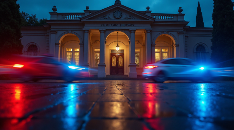 A dramatic, cinematic low-angle shot of a classic courthouse building entrance in Antalya at dusk. The scales of justice symbol is subtly visible in the architectural details. There are blurred police lights (red and blue) reflecting on wet pavement in the foreground to create a breaking news atmosphere. No text or logos.