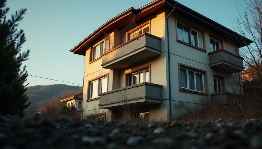 A dramatic low-angle shot of a three-story residential building in Turkey under daylight. A window on the top floor has a missing or hanging mesh screen. The ground below features a soft garden patch with dark soil. Professional news photography style, high contrast, cinematic lighting, 8k resolution, realistic textures.