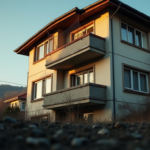 A dramatic low-angle shot of a three-story residential building in Turkey under daylight. A window on the top floor has a missing or hanging mesh screen. The ground below features a soft garden patch with dark soil. Professional news photography style, high contrast, cinematic lighting, 8k resolution, realistic textures.