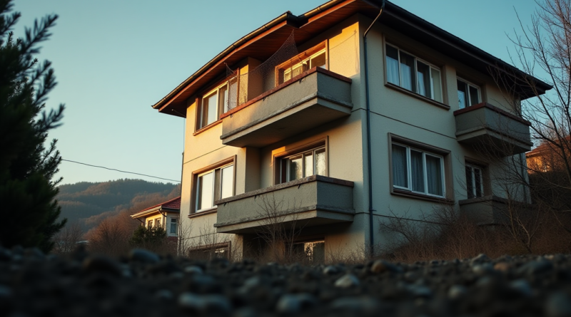 A dramatic low-angle shot of a three-story residential building in Turkey under daylight. A window on the top floor has a missing or hanging mesh screen. The ground below features a soft garden patch with dark soil. Professional news photography style, high contrast, cinematic lighting, 8k resolution, realistic textures.
