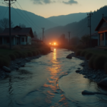 A cinematic, dramatic wide shot of a shallow river bed flowing through a rural Turkish village at dusk, soft orange sunlight hitting the water surface, rescue team flashlights visible as faint points of light in the distance, high resolution, photorealistic, no text, emotional and somber atmosphere.