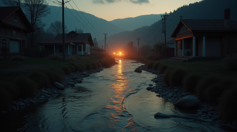 A cinematic, dramatic wide shot of a shallow river bed flowing through a rural Turkish village at dusk, soft orange sunlight hitting the water surface, rescue team flashlights visible as faint points of light in the distance, high resolution, photorealistic, no text, emotional and somber atmosphere.