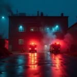 A dramatic wide-angle shot of a two-story industrial metal factory in Istanbul at night. Intense red and blue emergency lights from fire trucks reflecting on wet asphalt. Smoke rising from the ground floor manufacturing area. Firefighters in silhouette against the glowing embers of the entrance. Professional photojournalism style, cinematic lighting, high contrast, 8k resolution, no text or logos.