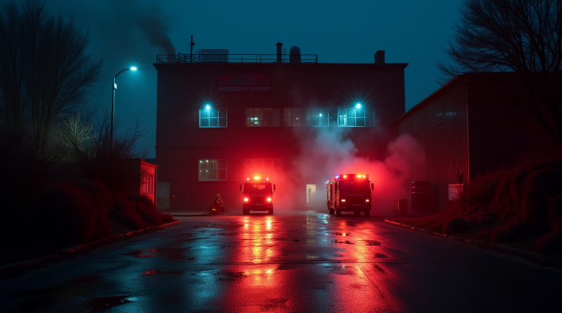 A dramatic wide-angle shot of a two-story industrial metal factory in Istanbul at night. Intense red and blue emergency lights from fire trucks reflecting on wet asphalt. Smoke rising from the ground floor manufacturing area. Firefighters in silhouette against the glowing embers of the entrance. Professional photojournalism style, cinematic lighting, high contrast, 8k resolution, no text or logos.