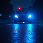 A dramatic close-up of a blue emergency light of a police car reflecting on a dark street pavement at night, cinematic lighting, shallow depth of field, high resolution, 8k, realistic, no text, emotional atmosphere.