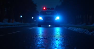 A dramatic close-up of a blue emergency light of a police car reflecting on a dark street pavement at night, cinematic lighting, shallow depth of field, high resolution, 8k, realistic, no text, emotional atmosphere.