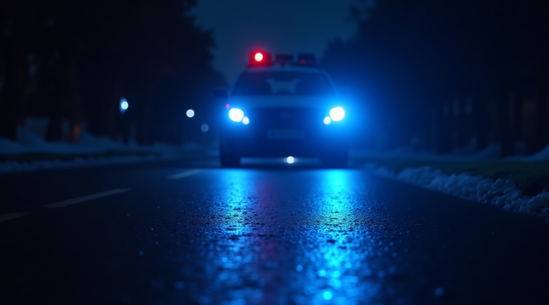 A dramatic close-up of a blue emergency light of a police car reflecting on a dark street pavement at night, cinematic lighting, shallow depth of field, high resolution, 8k, realistic, no text, emotional atmosphere.