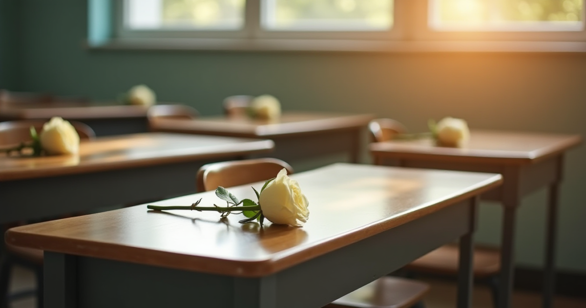 Four empty school desks in a row with white roses placed on them, sunlight streaming through a window, soft focus, symbolic representation of loss in education.