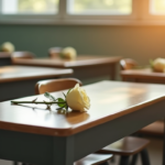 Four empty school desks in a row with white roses placed on them, sunlight streaming through a window, soft focus, symbolic representation of loss in education.