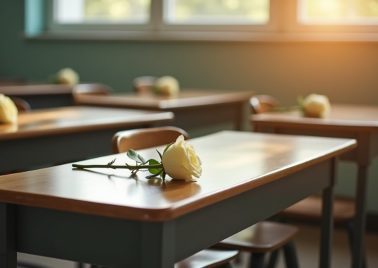 Four empty school desks in a row with white roses placed on them, sunlight streaming through a window, soft focus, symbolic representation of loss in education.
