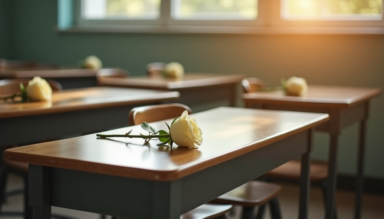 Four empty school desks in a row with white roses placed on them, sunlight streaming through a window, soft focus, symbolic representation of loss in education.