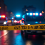 A single red rose lying on cold grey asphalt, dramatic shadows, police siren lights reflecting on a puddle, representing loss and a crime scene.